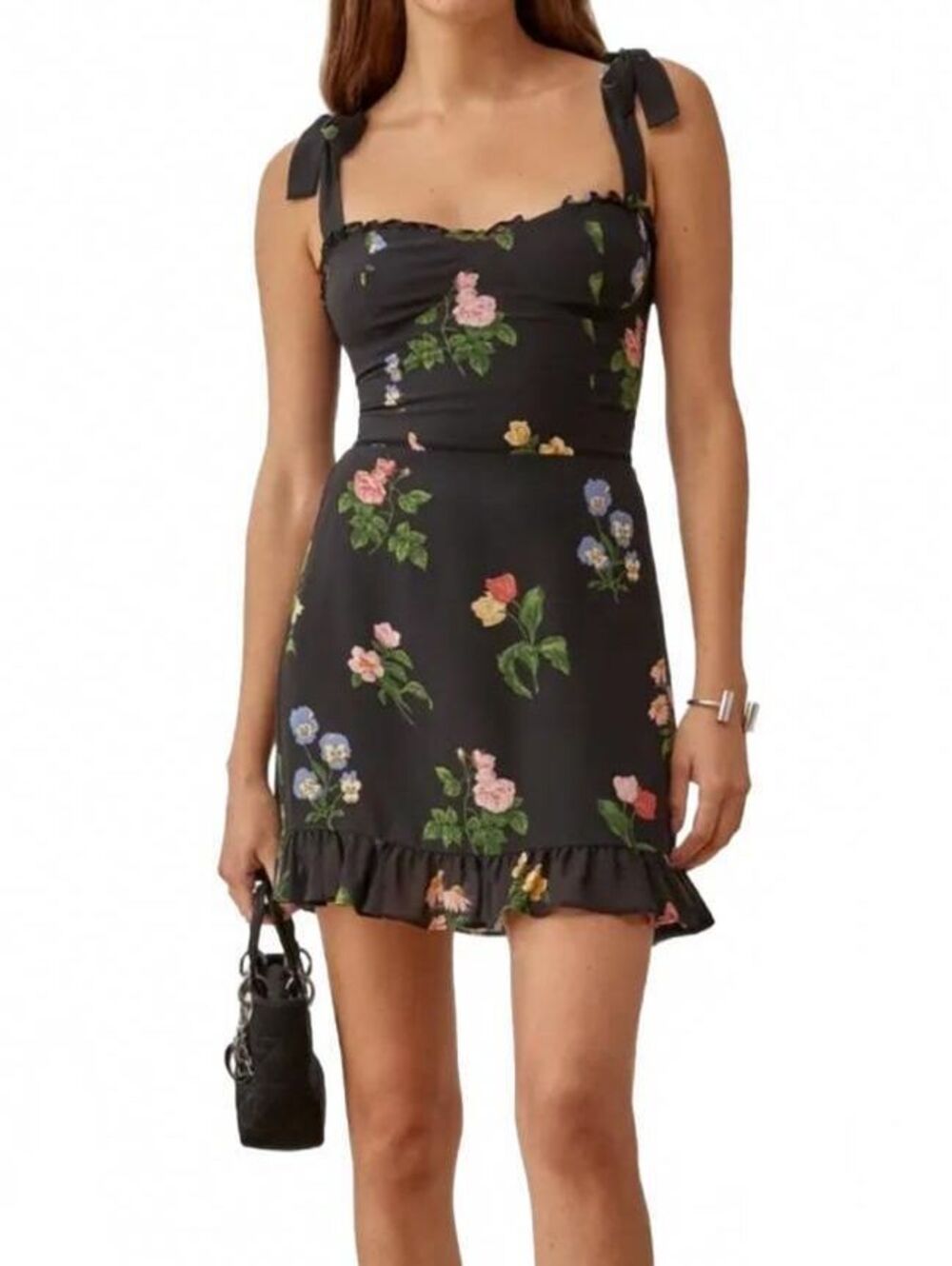 Reformation Black Floral Mini Dress Size 4 Tie Shoulder Smocked Back